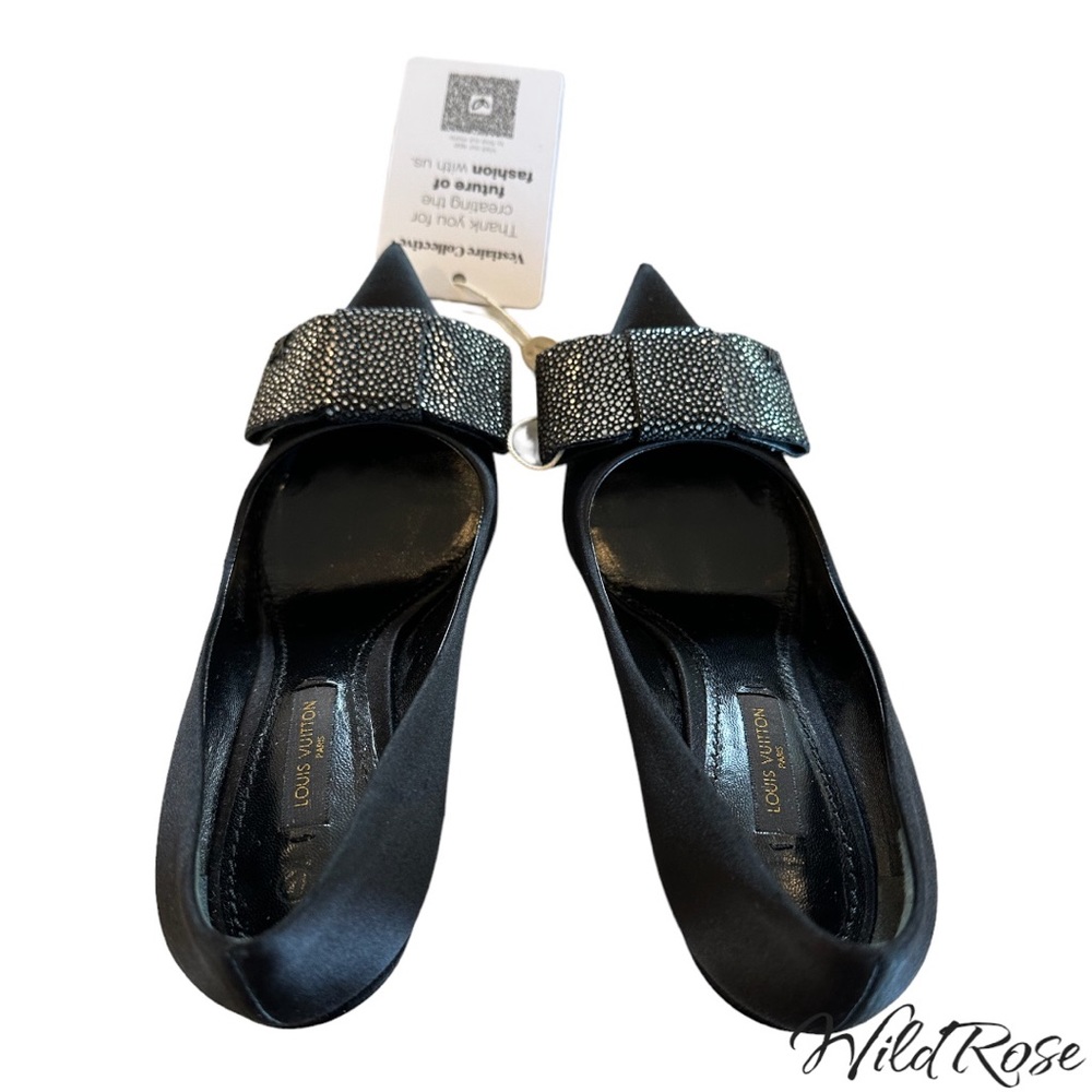 LOUIS VUITTON LIPSTICK PUMPS BLACK SATIN & PEBBLED SILVER LEATHER BOW PUMP 36.5 - Picture 9 of 17